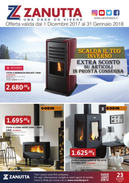 Zanutta Stufe Caminetti Promo 2017-18. Extra Sconti sugli articoli in pronta consegna. Fino al 31 gennaio 2017