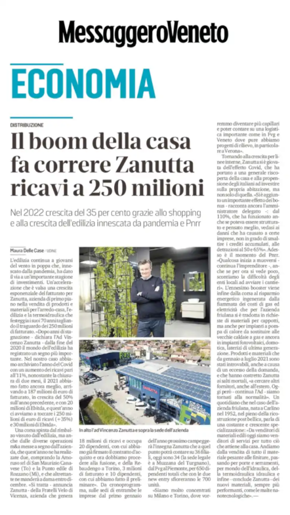 Messagero Veneto: Il boom della casa fa correre Zanutta, fatturato a 250 milioni di euro