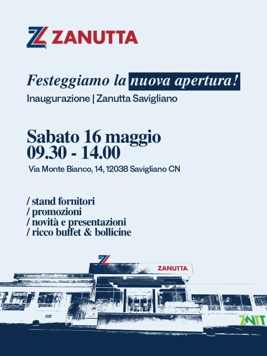 Volantino inaugurazione nuovo showroom Zanutta Savigliano, sabato 16 maggio 2026 con promozioni e buffet.