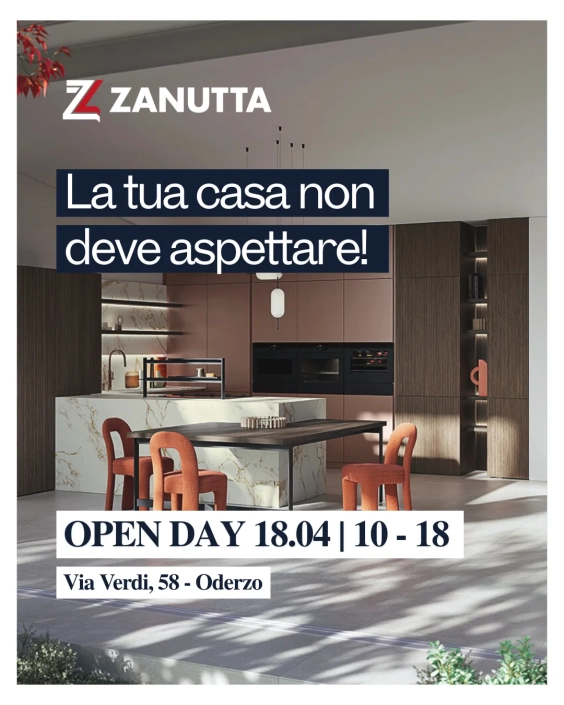 Flyer Open Day Zanutta Oderzo, 18 aprile 2026 con cucina moderna in esposizione.