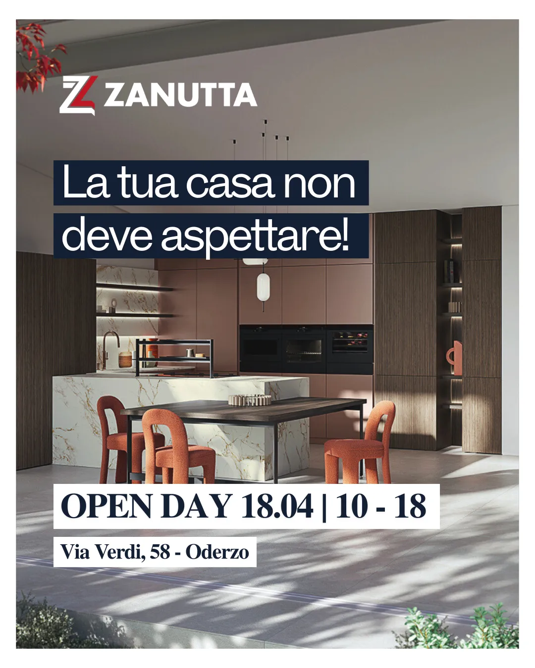 Open Day Zanutta Oderzo Flyer Open Day Zanutta Oderzo, 18 aprile 2026 con cucina moderna in esposizione.