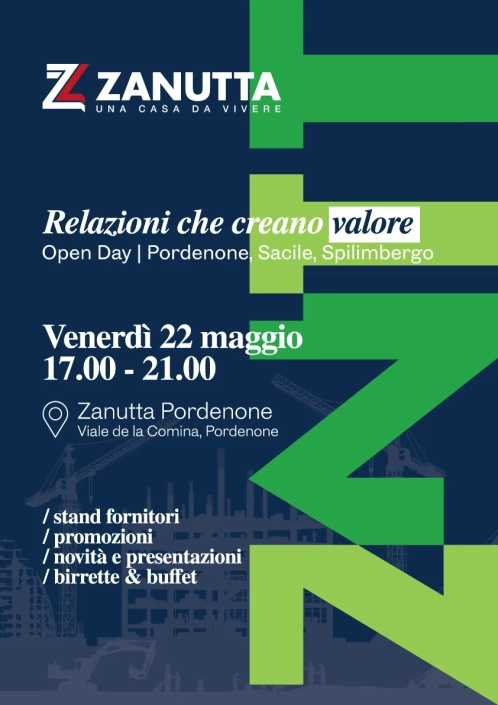 Volantino Open Day Zanutta Pordenone, venerdì 22 maggio 2026 con stand fornitori e buffet.